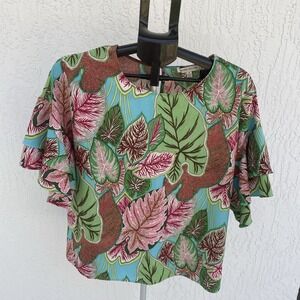 Rose + Olive Tropical Leaf Print Ruffle Flutter Sleeve Blouse Blue Green Pink M